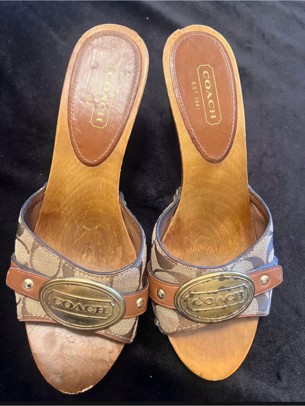 Coach Brown Signature Logo Slide Mules with Brass Emblem